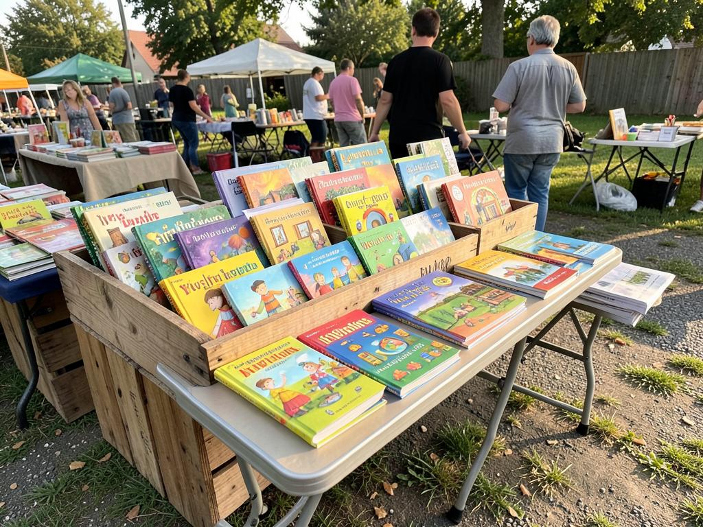Children's books displayed on wooden crates at an outdoor market