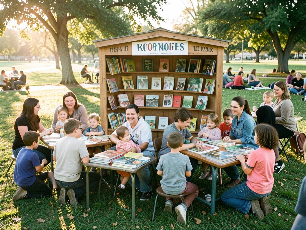Families gathered around books at a community park event