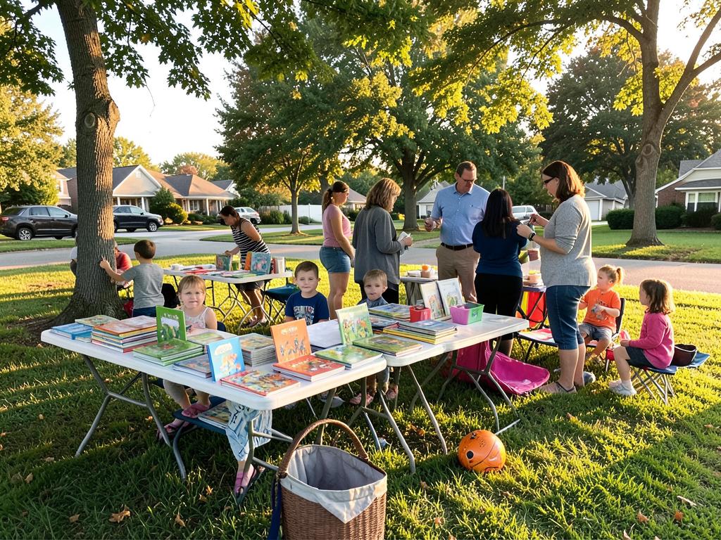 Neighbors browsing book tables at a family-friendly outdoor setup