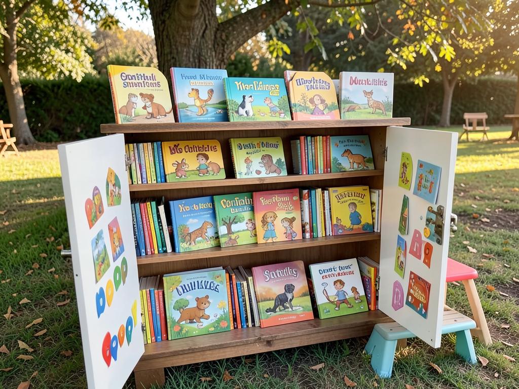 An outdoor book stand with open panels showing children's books