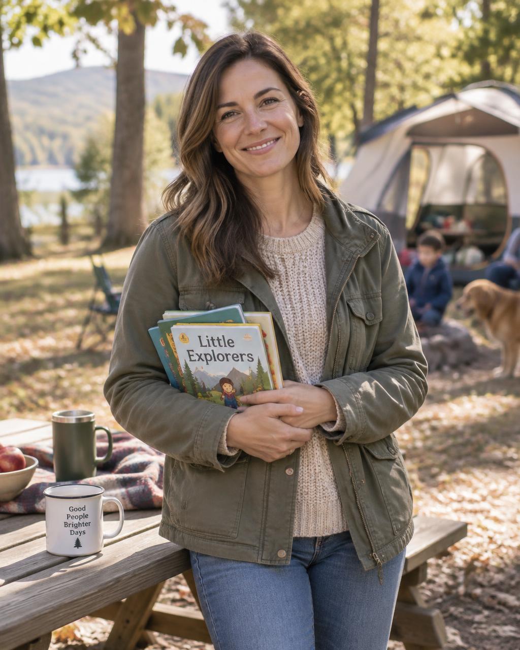 The Mini Book Truck owner with children’s books at a sunny outdoor family setting